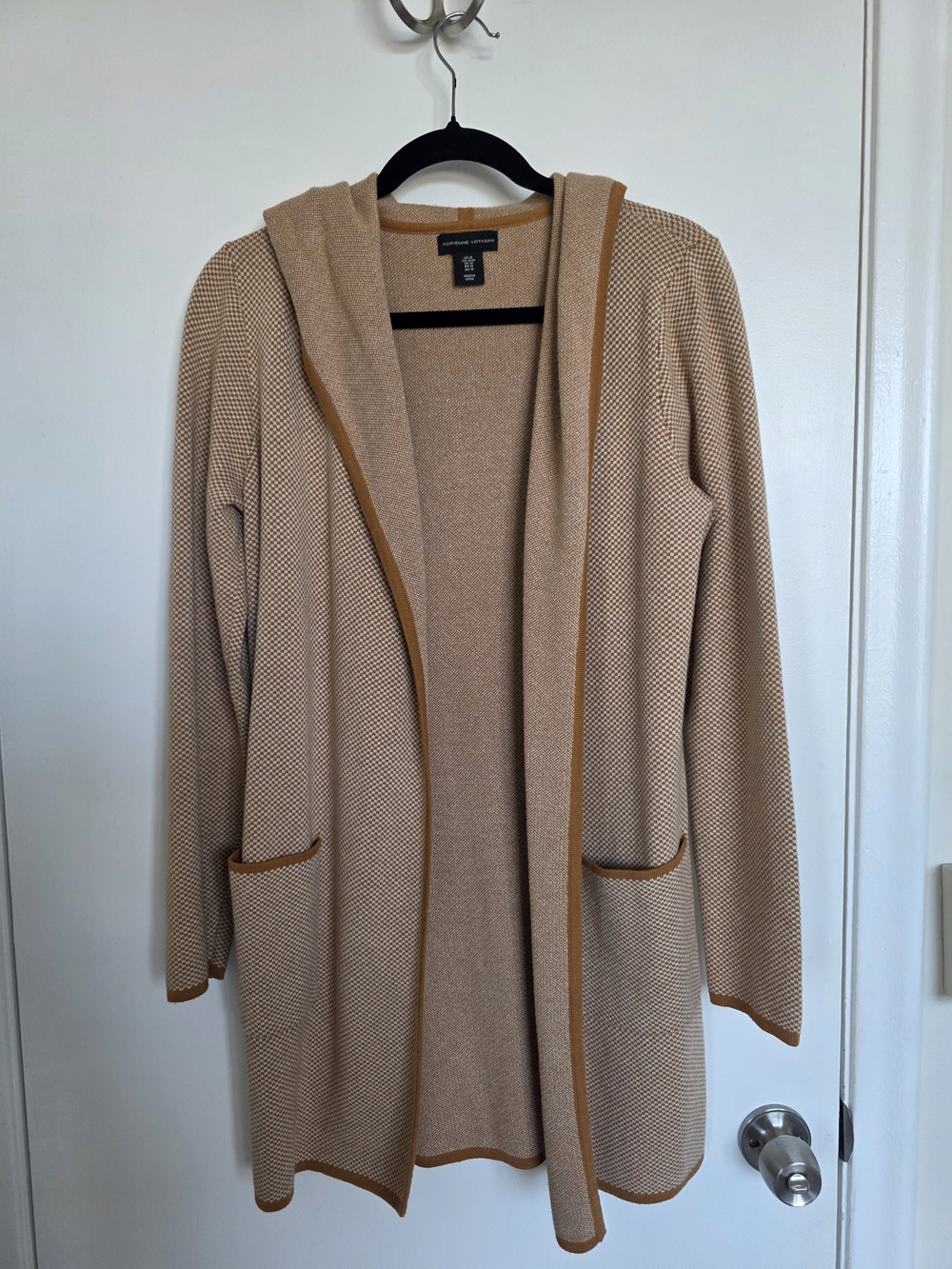 Adrienne Vittadini Camel and Beige Hooded Open Cardigan- Medium